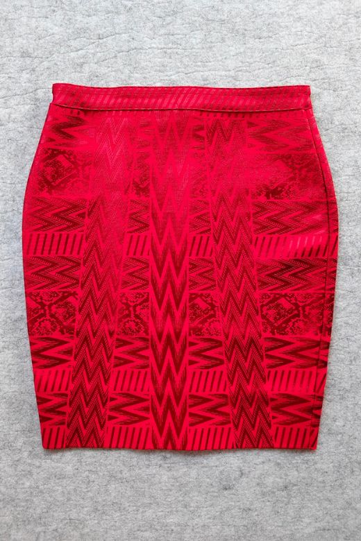 Woman wearing a figure flattering High Waist Metallic Mini Skirt - Lipstick Red BODYCON COLLECTION