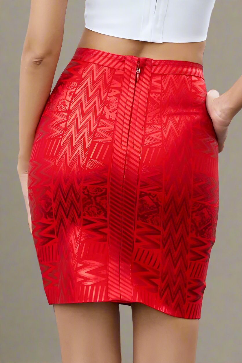 Woman wearing a figure flattering High Waist Metallic Mini Skirt - Lipstick Red BODYCON COLLECTION