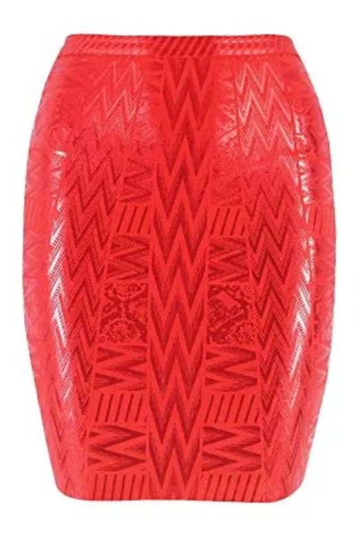Woman wearing a figure flattering High Waist Metallic Mini Skirt - Lipstick Red BODYCON COLLECTION