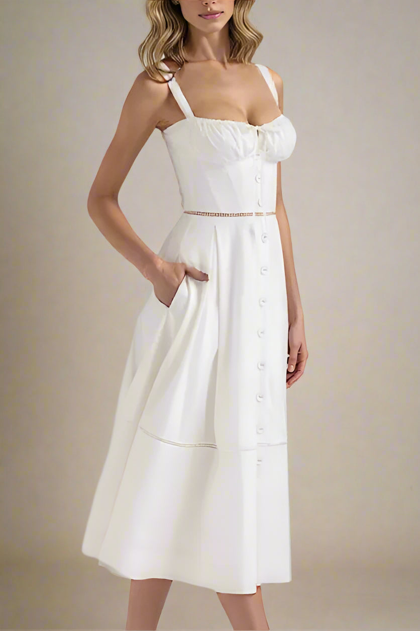 Woman wearing a figure flattering Holland Top and Midi Skirt Set - White Pearl BODYCON COLLECTION Pty Ltd