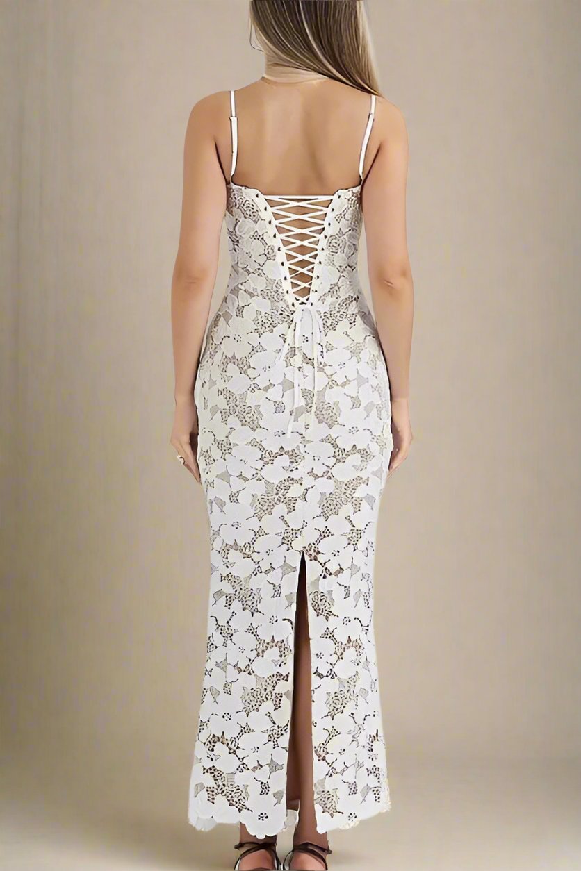 Woman wearing a figure flattering Honor Bodycon Maxi Dress - Pearl White BODYCON COLLECTION