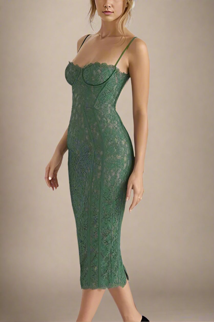 Woman wearing a figure flattering Honor Bodycon Midi Dress - Emerald Green BODYCON COLLECTION