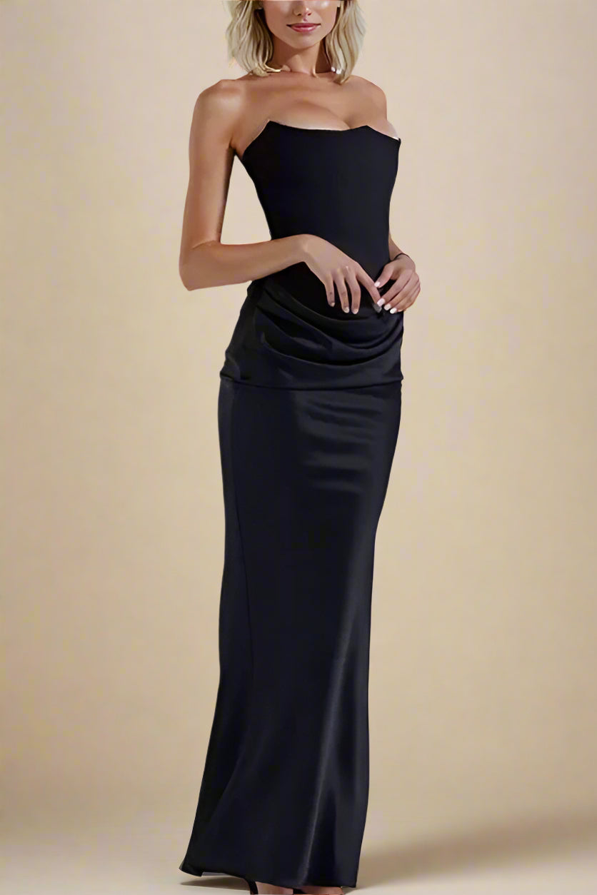 Woman wearing a figure flattering Hope Bodycon Wrap Maxi Dress - Classic Black BODYCON COLLECTION