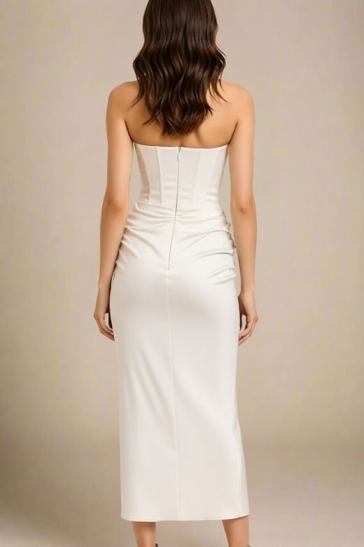 Woman wearing a figure flattering Hope Bodycon Wrap Maxi Dress - White Pearl BODYCON COLLECTION