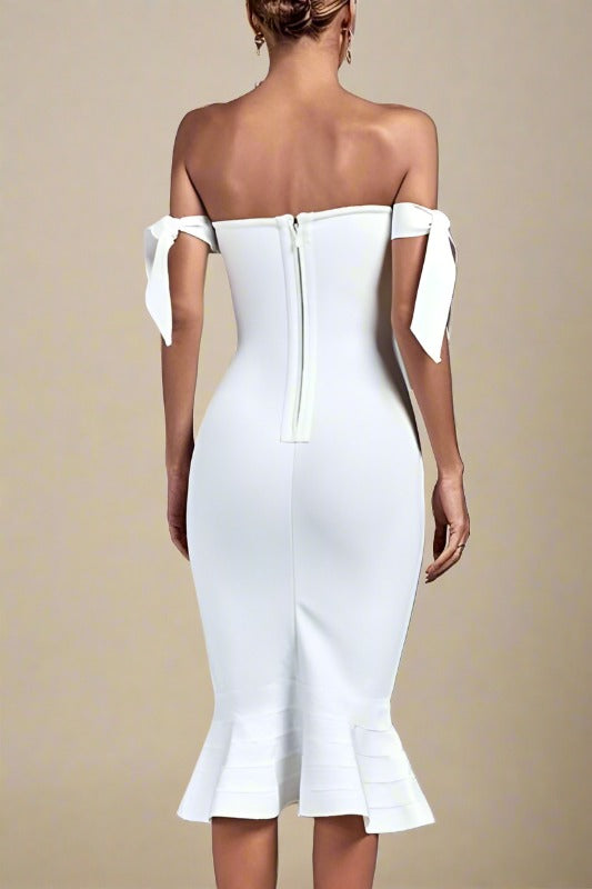Woman wearing a figure flattering  Hunter Bandage Midi Dress - Pearl White BODYCON COLLECTION