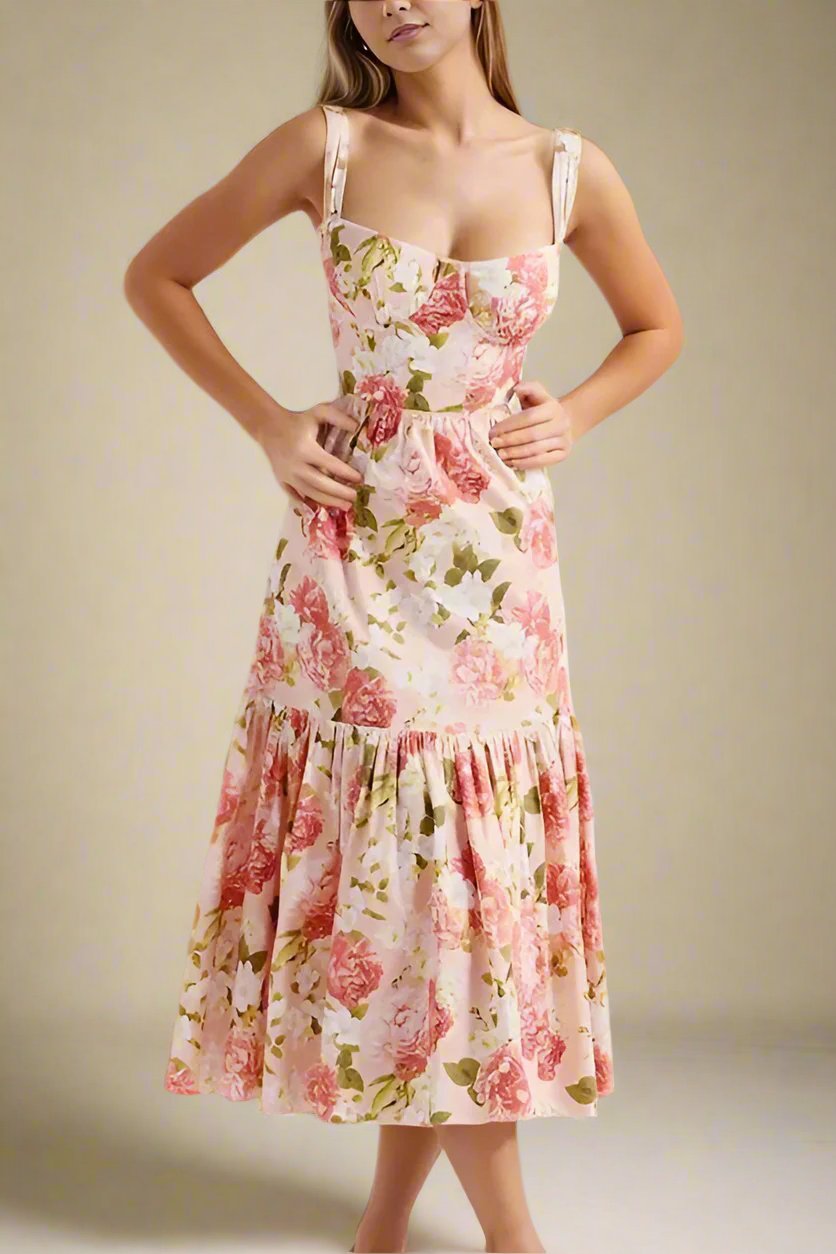 Woman wearing a figure flattering Imogen Bodycon Day Midi Dress - Peach BODYCON COLLECTION