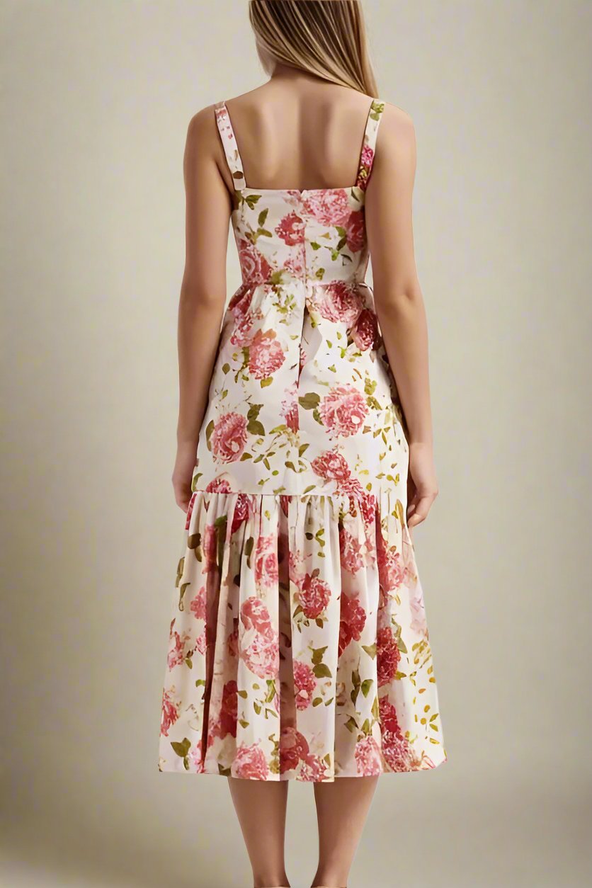 Woman wearing a figure flattering Imogen Bodycon Day Midi Dress - Peach BODYCON COLLECTION