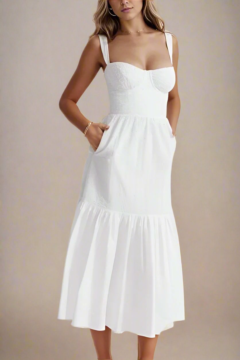 Woman wearing a figure flattering Imogen Bodycon Day Midi Dress - Pearl White BODYCON COLLECTION