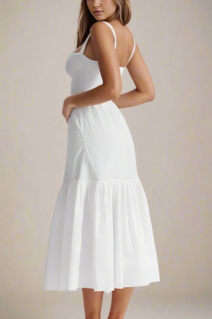 Woman wearing a figure flattering Imogen Bodycon Day Midi Dress - Pearl White BODYCON COLLECTION