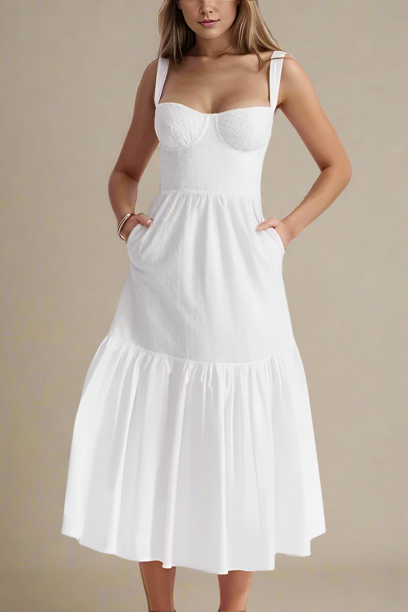 Woman wearing a figure flattering Imogen Bodycon Day Midi Dress - Pearl White BODYCON COLLECTION
