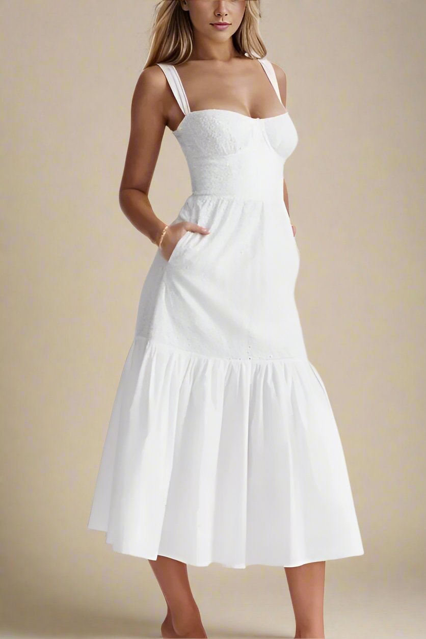 Woman wearing a figure flattering Imogen Bodycon Day Midi Dress - Pearl White BODYCON COLLECTION