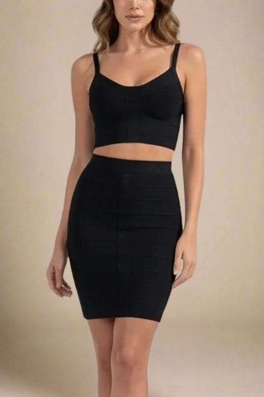 Woman wearing a figure flattering India Bandage Top and Mini Skirt Outfit Set - Classic Black BODYCON COLLECTION
