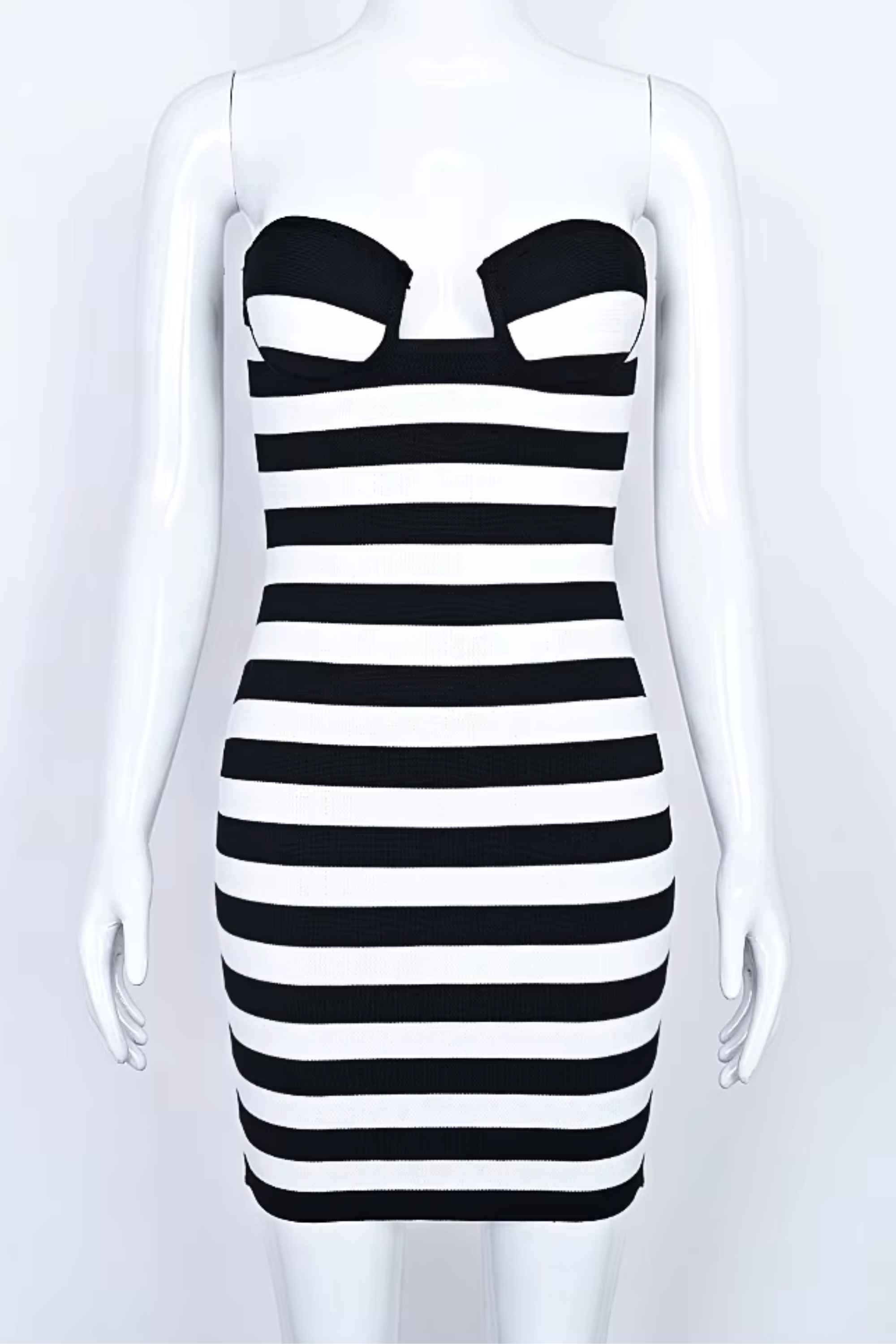 Woman wearing a figure flattering Ingrid Bandage Mini Dress - Classic Black BODYCON COLLECTION