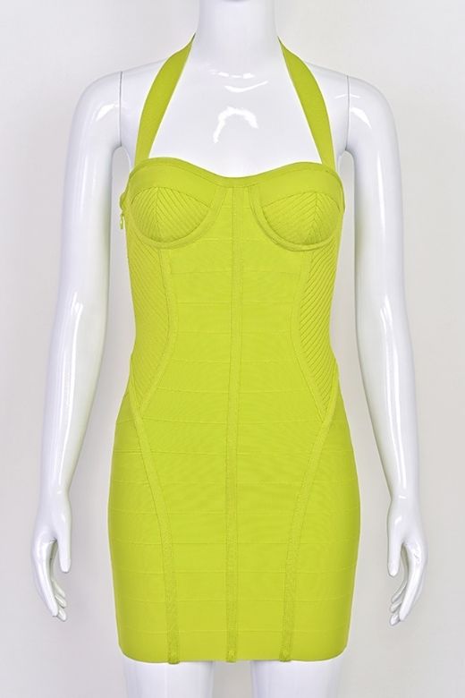 Woman wearing a figure flattering Isabella Bandage Mini Dress - Neon Green BODYCON COLLECTION Pty Ltd