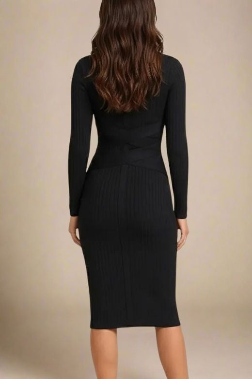 Woman wearing a figure flattering Jane Long Sleeve Bodycon Midi Dress - Classic Black Bodycon Collection