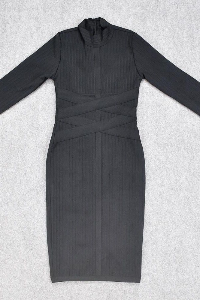 Woman wearing a figure flattering Jane Long Sleeve Bodycon Midi Dress - Classic Black Bodycon Collection