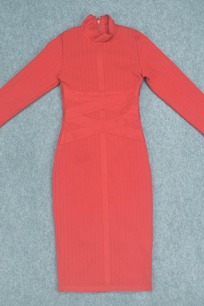 Woman wearing a figure flattering Jane Long Sleeve Bodycon Midi Dress - Lipstick Red Bodycon Collection