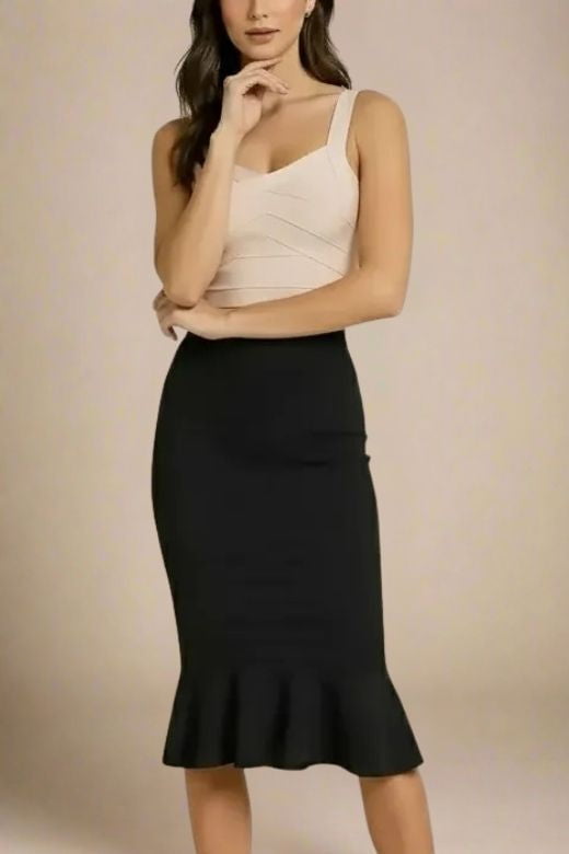 Woman wearing a figure flattering Jay Bandage Crop Top - Cream BODYCON COLLECTION