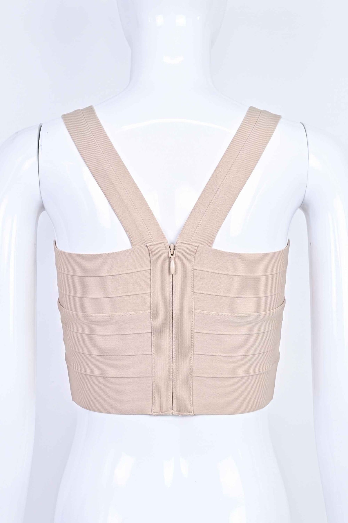 Woman wearing a figure flattering Jay Bandage Crop Top - Cream BODYCON COLLECTION