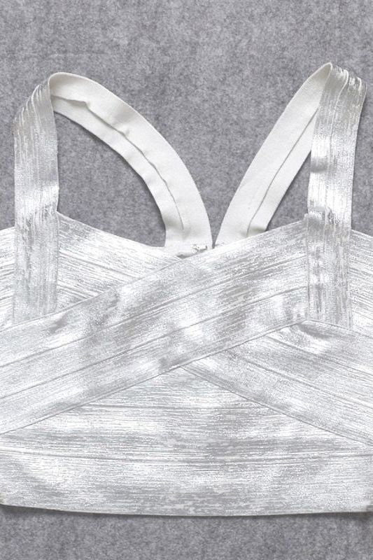 Woman wearing a figure flattering Jay Bandage Crop Top - Silver BODYCON COLLECTION