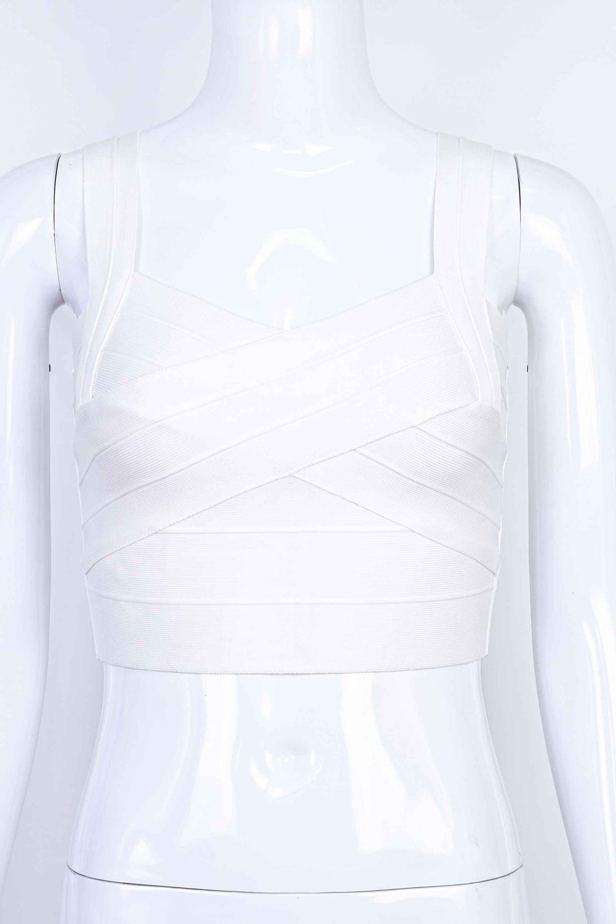 Woman wearing a figure flattering Jay Bandage Crop Top - White Pearl BODYCON COLLECTION