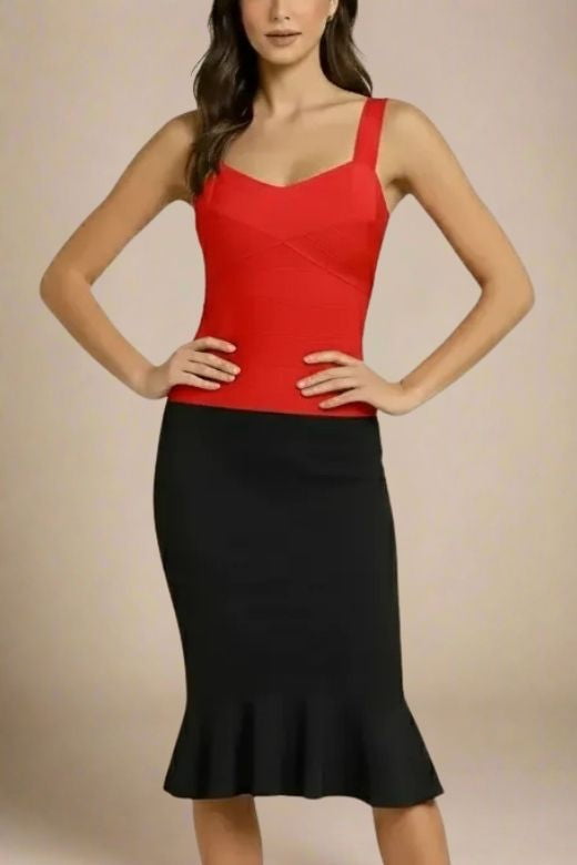 Woman wearing a figure flattering Jay Bandage Top - Lipstick Red BODYCON COLLECTION