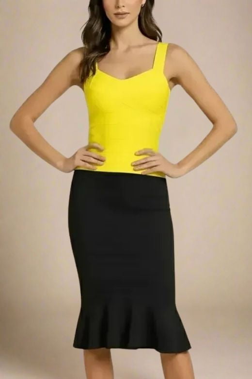 Woman wearing a figure flattering Jay Bandage Top - Sun Yellow BODYCON COLLECTION