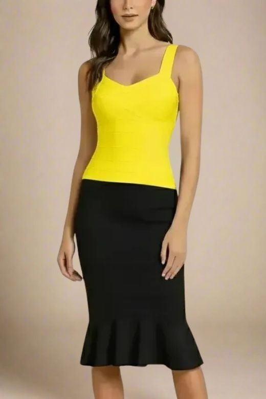 Woman wearing a figure flattering Jay Bandage Top - Sun Yellow BODYCON COLLECTION