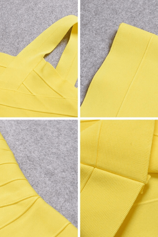 Woman wearing a figure flattering Jay Bandage Top - Sun Yellow BODYCON COLLECTION