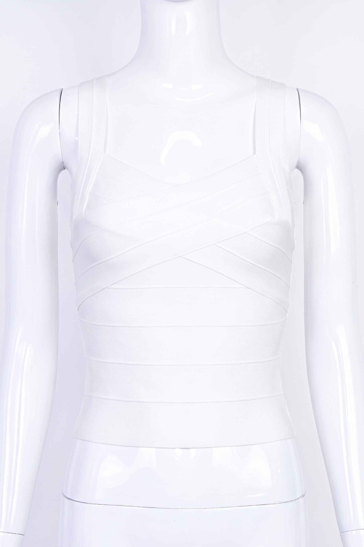 Woman wearing a figure flattering Jay Bandage Top - White Pearl BODYCON COLLECTION