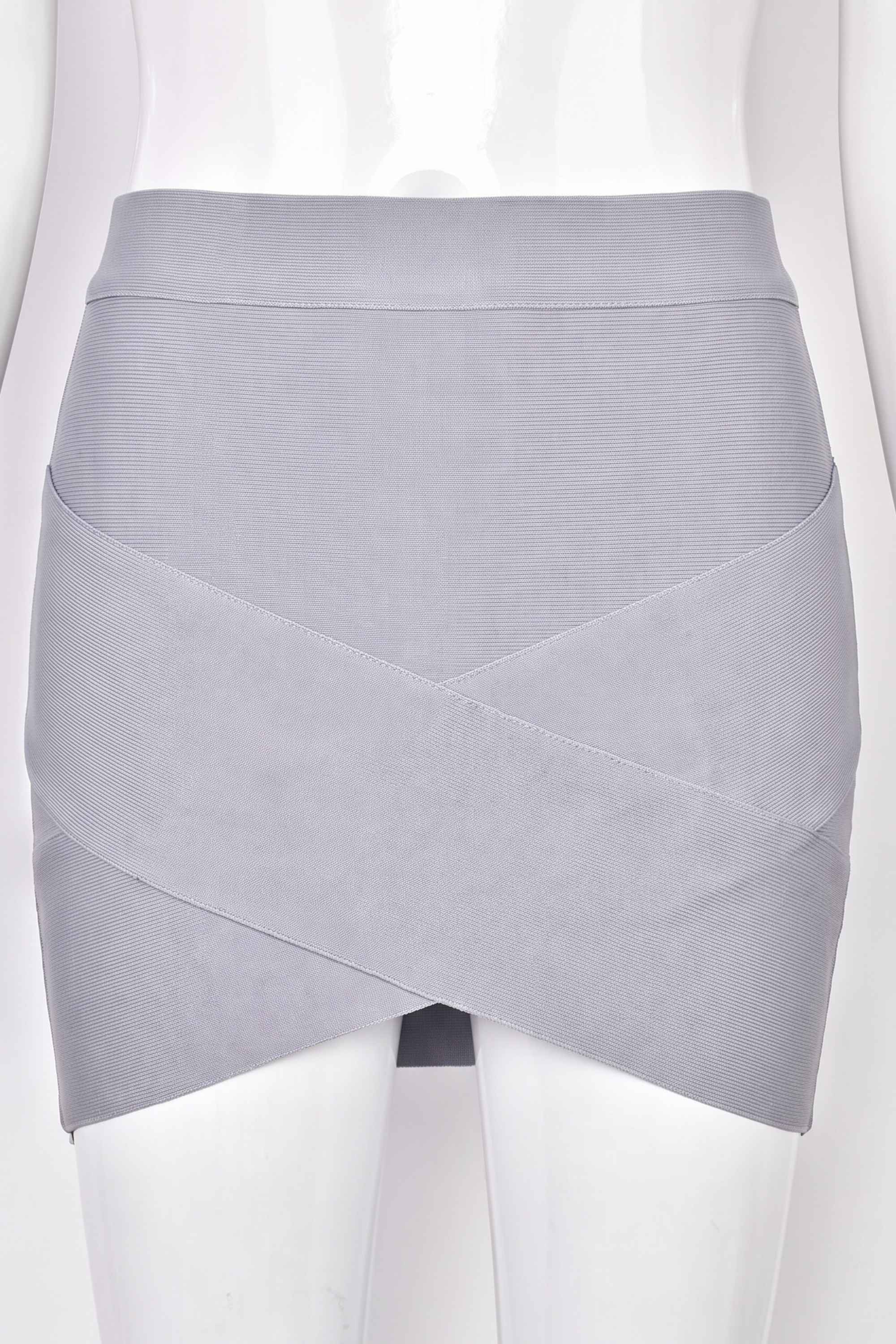 Woman wearing a figure flattering Jay High Waist Bandage Mini Skirt - Grey BODYCON COLLECTION