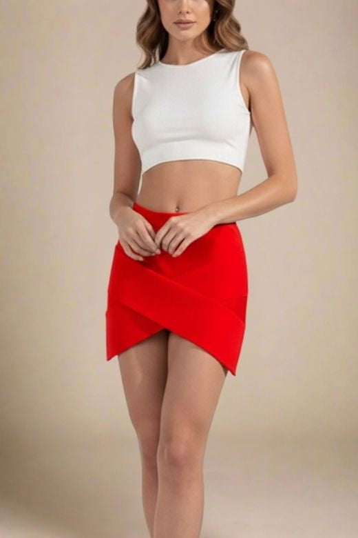 Woman wearing a figure flattering Jay High Waist Bandage Mini Skirt - Lipstick Red BODYCON COLLECTION