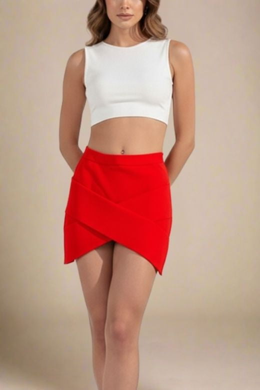 Woman wearing a figure flattering Jay High Waist Bandage Mini Skirt - Lipstick Red BODYCON COLLECTION