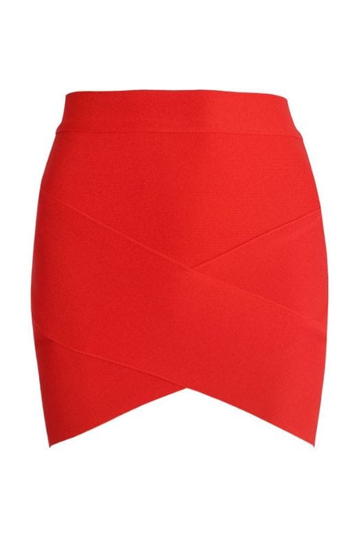 Woman wearing a figure flattering Jay High Waist Bandage Mini Skirt - Lipstick Red BODYCON COLLECTION