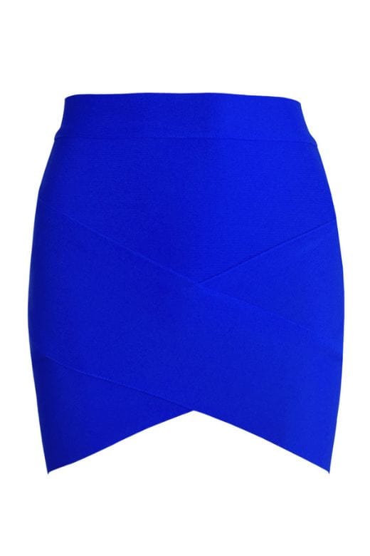Woman wearing a figure flattering Jay High Waist Bandage Mini Skirt - Royal Blue BODYCON COLLECTION