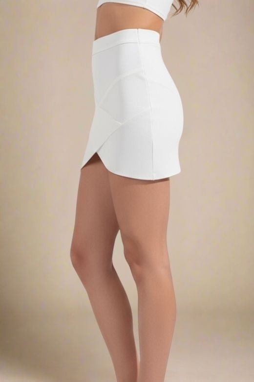 Woman wearing a figure flattering Jay High Waist Bandage Mini Skirt - White Pearl BODYCON COLLECTION