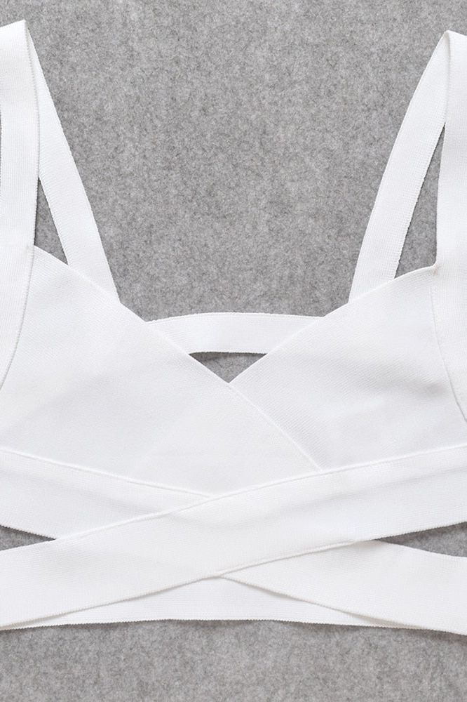 Woman wearing a figure flattering Jess Bandage Top and Mini Skirt Set - Pearl White BODYCON COLLECTION