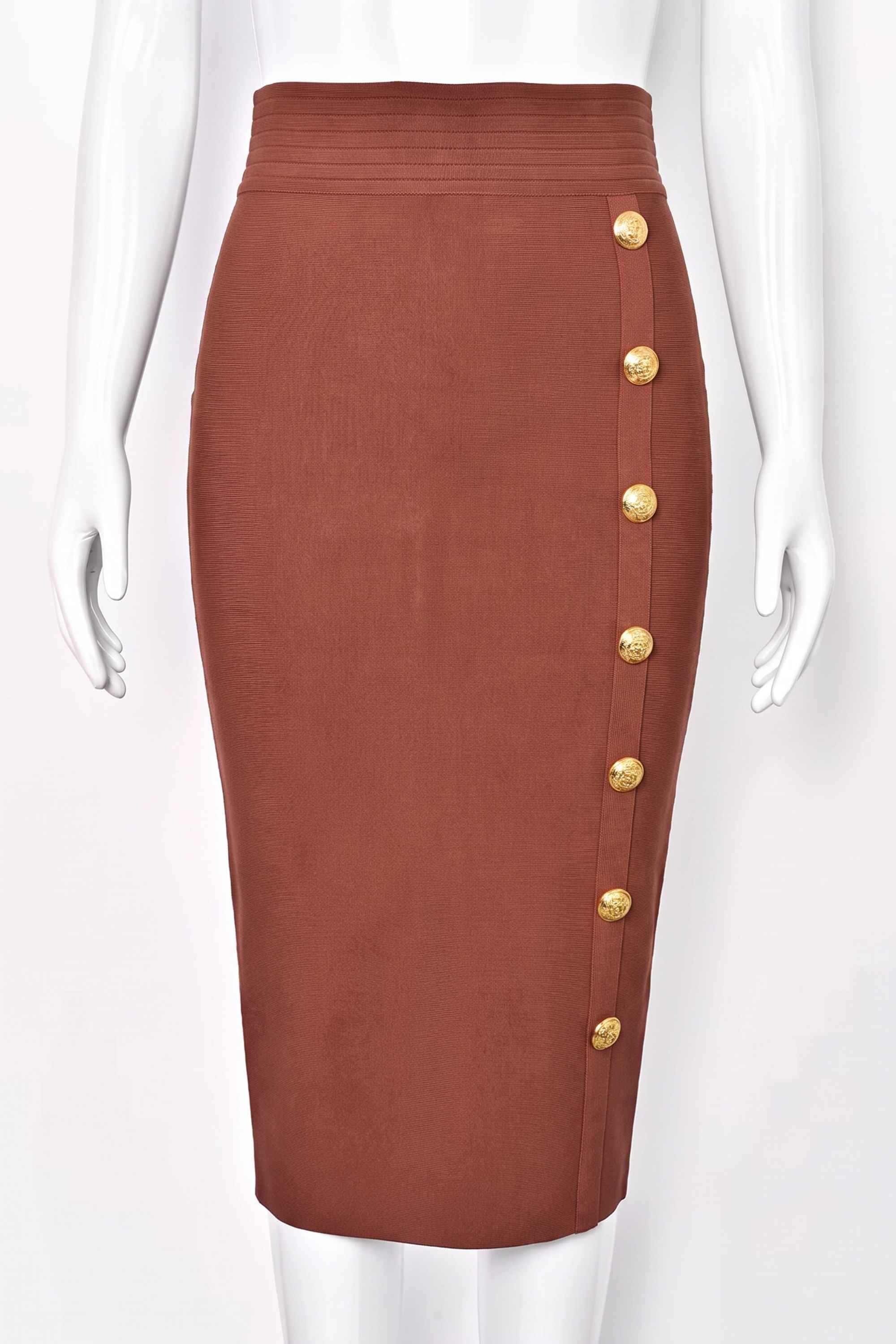 Woman wearing a figure flattering Jessie Midi Pencil Skirt - Tan Brown BODYCON COLLECTION Pty Ltd
