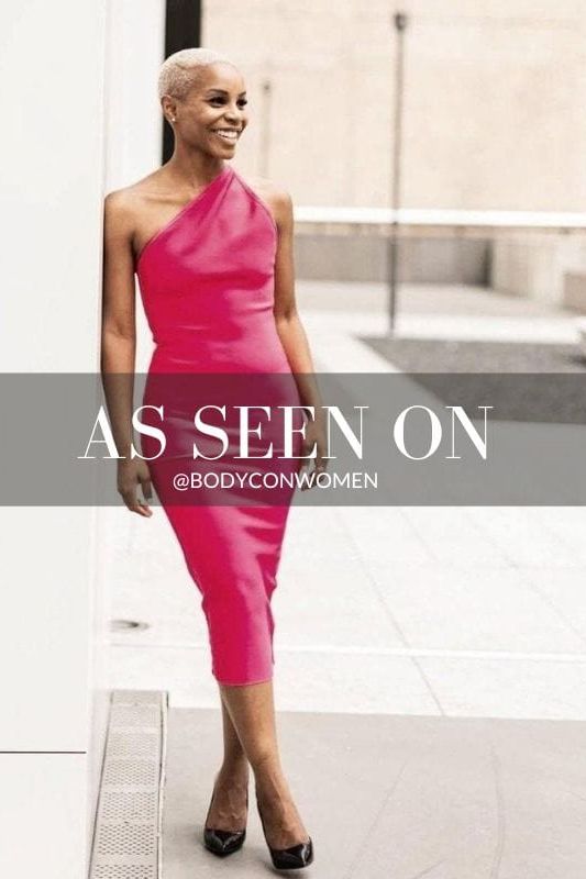 Woman wearing a figure flattering Joi Bodycon Midi Dress - Hot Pink Bodycon Collection