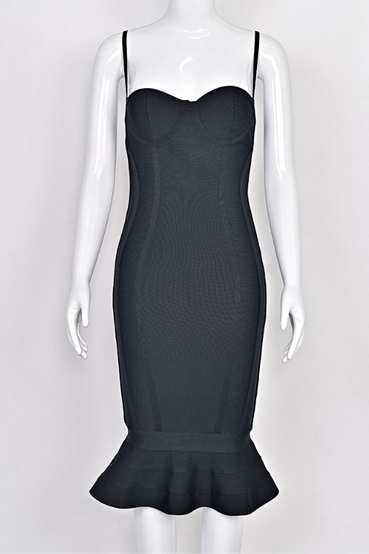 Woman wearing a figure flattering Joy Bandage Midi Dress - Classic Black Bodycon Collection