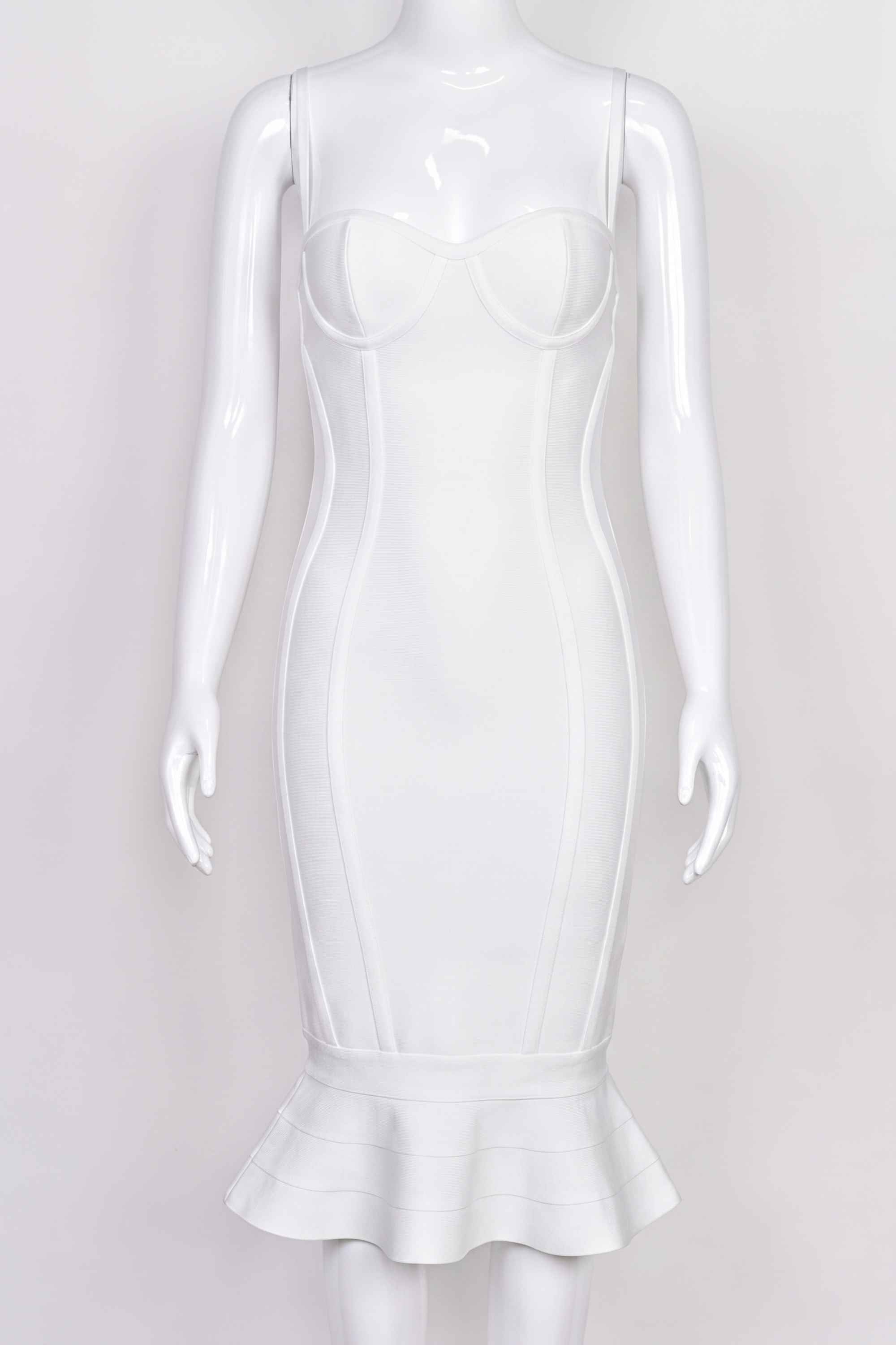 Woman wearing a figure flattering Joy Bandage Midi Dress - Pearl White Bodycon Collection