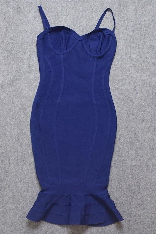 Woman wearing a figure flattering Joy Bandage Midi Dress - Royal Blue Bodycon Collection