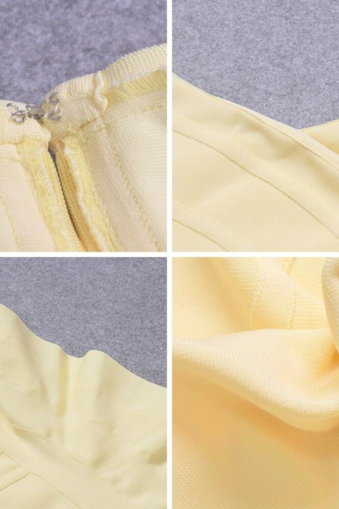 Woman wearing a figure flattering Joy Bandage Midi Dress - Sun Yellow Bodycon Collection