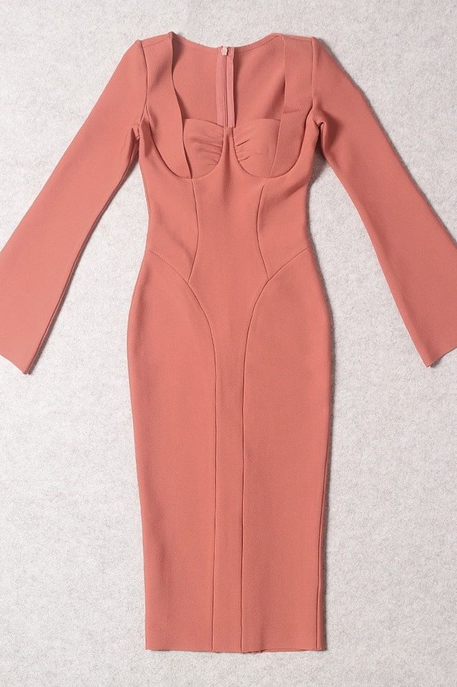 Woman wearing a figure flattering Jules Long Sleeve Midi Bandage Dress - Watermelon Pink BODYCON COLLECTION