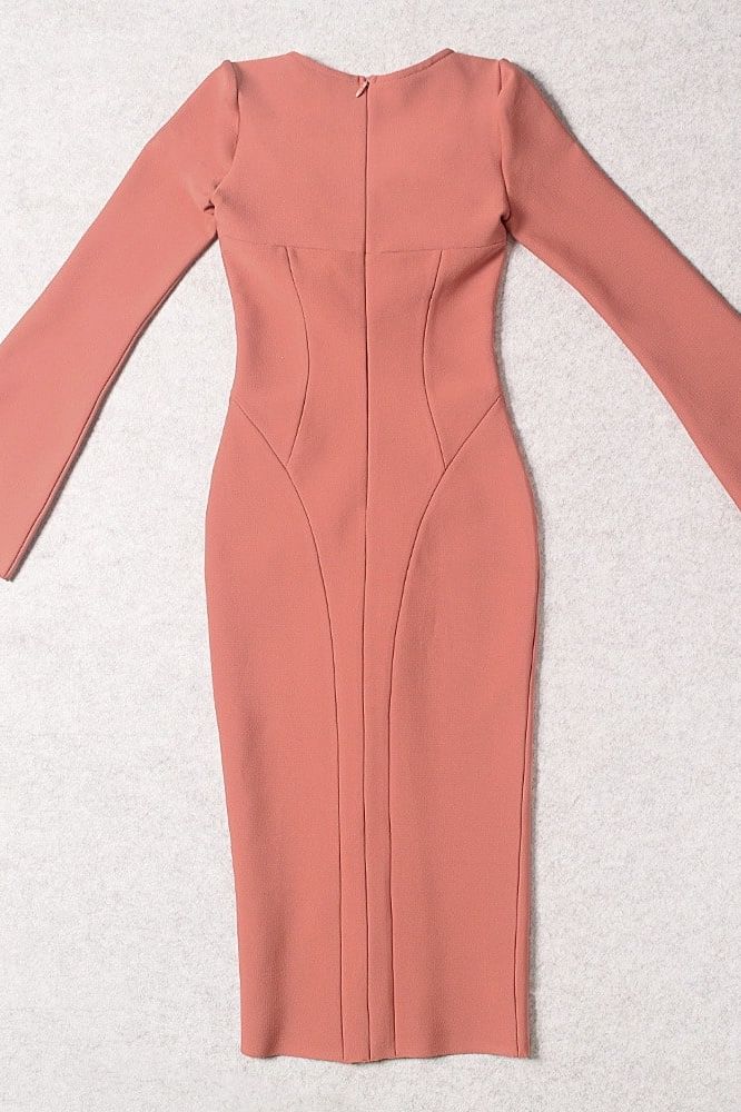 Woman wearing a figure flattering Jules Long Sleeve Midi Bandage Dress - Watermelon Pink BODYCON COLLECTION