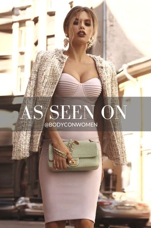 Woman wearing a figure flattering Kate Bandage Dress - Pearl White Bodycon Collection