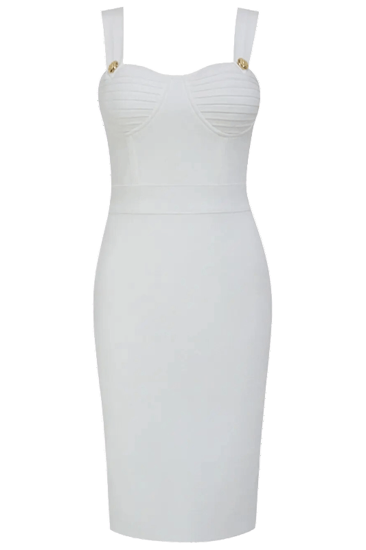Woman wearing a figure flattering  Kate Bandage Dress - Pearl White Bodycon Collection