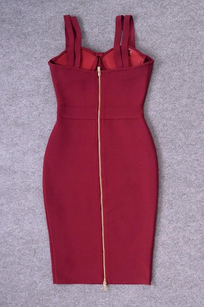 Woman wearing a figure flattering Kate Bandage Dress - Red Wine Bodycon Collection