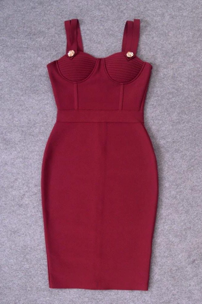 Woman wearing a figure flattering Kate Bandage Dress - Red Wine Bodycon Collection