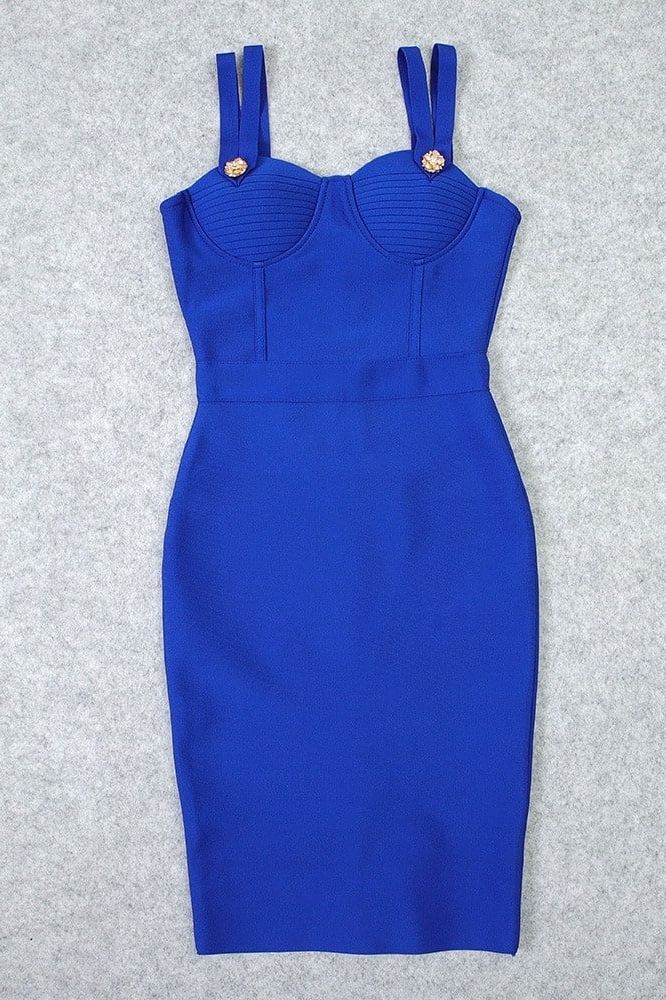 Woman wearing a figure flattering Kate Bandage Dress - Royal Blue Bodycon Collection